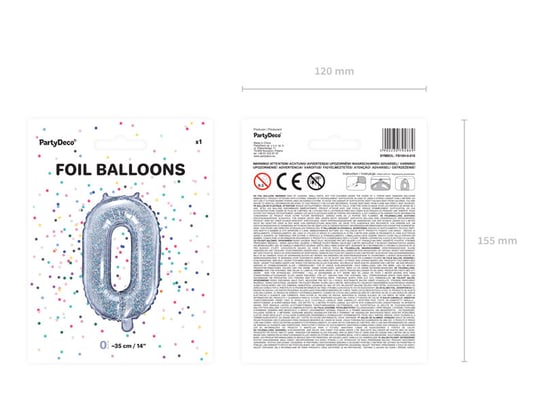 Balon foliowy, Cyfra 0, 35 cm, holograficzny PartyDeco