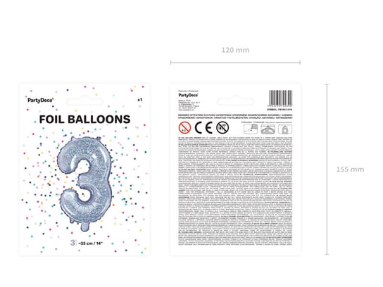 Balon foliowy, Cyfra 3, 35 cm, holograficzny PartyDeco