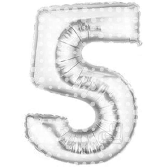 Balon foliowy, cyfra 5, kropki, srebrny, 86 cm Folat