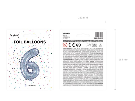 Balon foliowy, Cyfra 6, 35 cm, holograficzny PartyDeco
