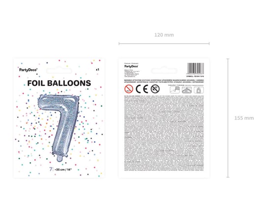 Balon foliowy, Cyfra 7, 35 cm, holograficzny PartyDeco