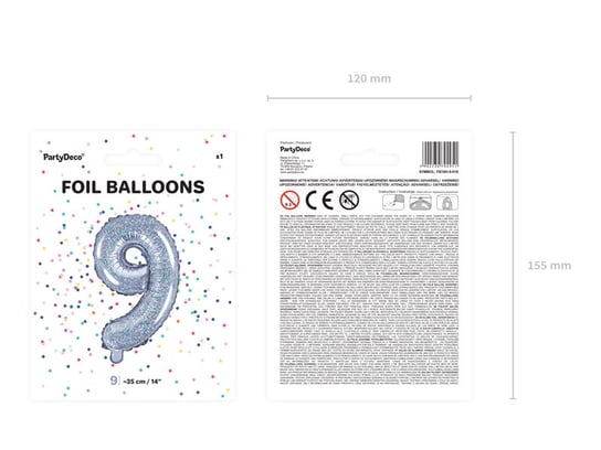 Balon foliowy, Cyfra 9, 35 cm, holograficzny PartyDeco