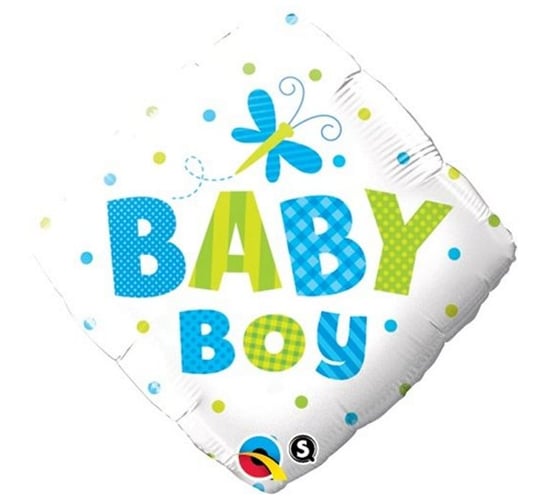 Balon foliowy, grochy i ważka - Baby Boy, 18", biało-niebieski Qualatex