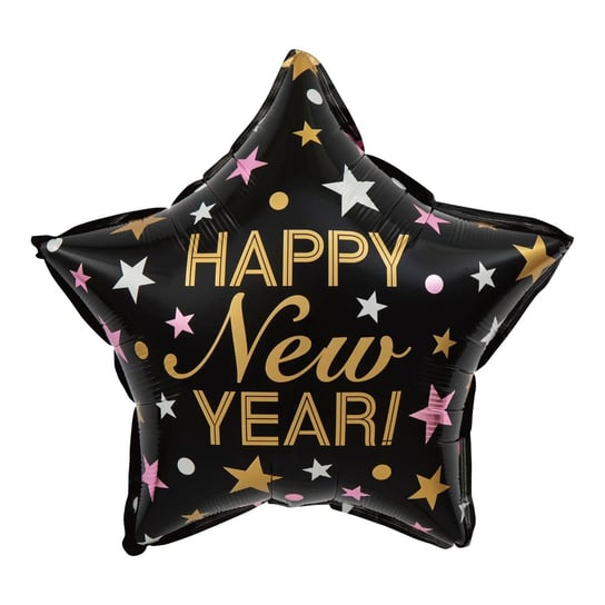 Balon foliowy gwiazda Happy New Year czarny, 45 cm PartyPal