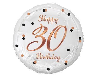 Balon foliowy Happy 30 Birthday, biały, nadruk różowo-złoty, 18' GODAN