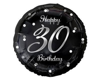 Balon foliowy Happy 30 Birthday, czarny srebrny nadruk, 46 cm GODAN