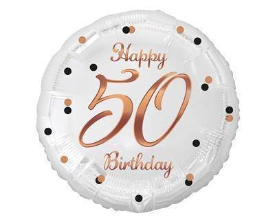 Balon foliowy Happy 50 Birthday, biały, nadruk różowo-złoty, 18' GODAN