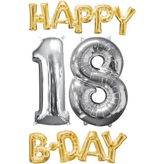 Balon foliowy, Happy BDAY 18 Urodziny, srebrno-złoty, 66 cm Amscan