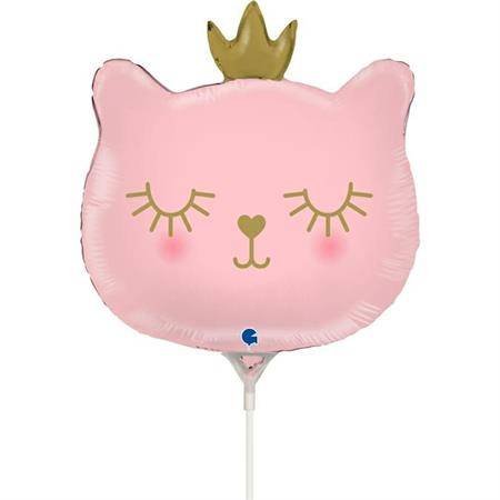 Balon foliowy Kotek z korona różowy, na patyk 35 cm GRABO