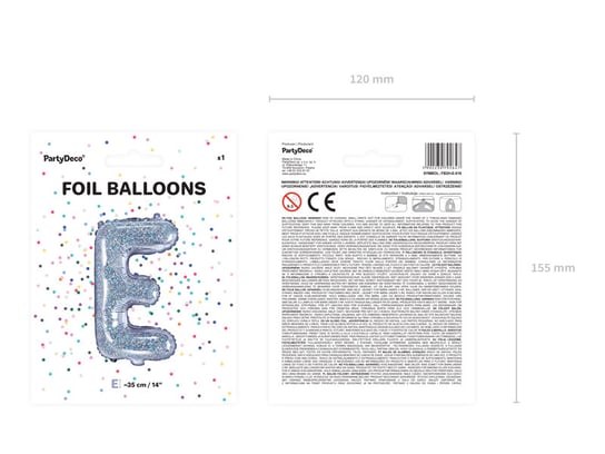 Balon foliowy, Litera E, 35 cm, holograficzny PartyDeco