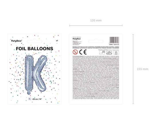 Balon foliowy, Litera K, 35 cm, holograficzny PartyDeco