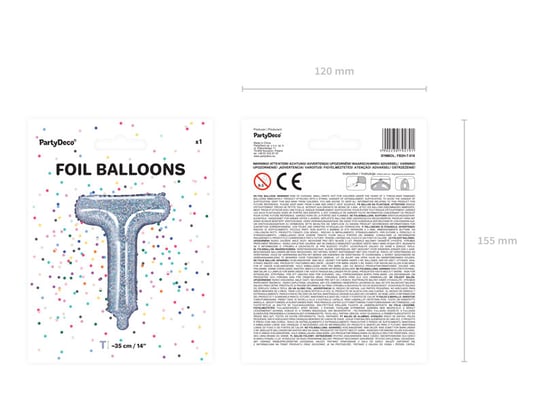 Balon foliowy, Litera T, 35 cm, holograficzny PartyDeco