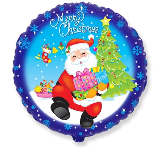 Balon foliowy, Merry Christmas, Mikołaj z prezentami, 18", niebieski, okrągły Flexmetal