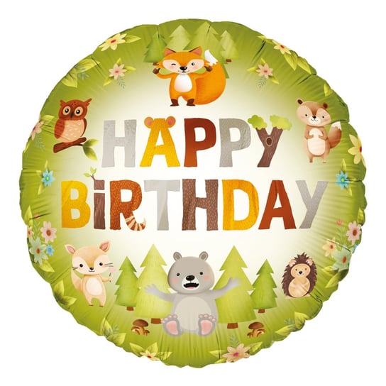 Balon foliowy okrągły Happy Birthday Leśni przyjaciele zwierzątka 45cm ABC