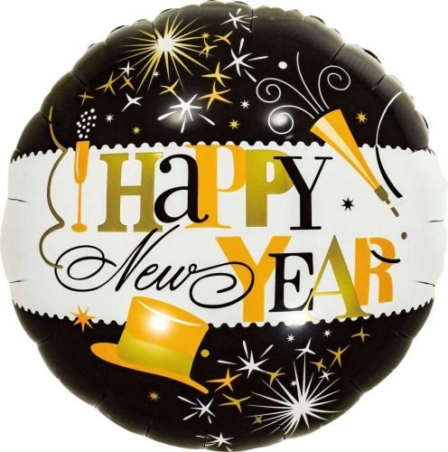 Balon Foliowy Okrągły Happy New Year Sylwester Nowy Rok PartyDeco