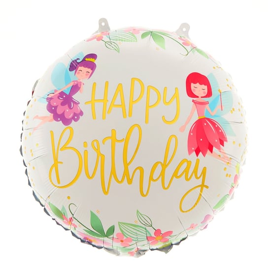 Balon foliowy okrągły urodzinowy biały złoty Happy Brithday wróżki 45cm ABC