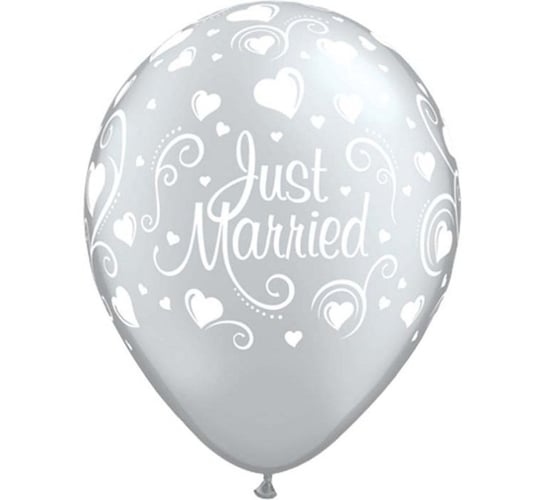 Balon, Just Married i serca, 11", kremowy, 6 sztuk Qualatex