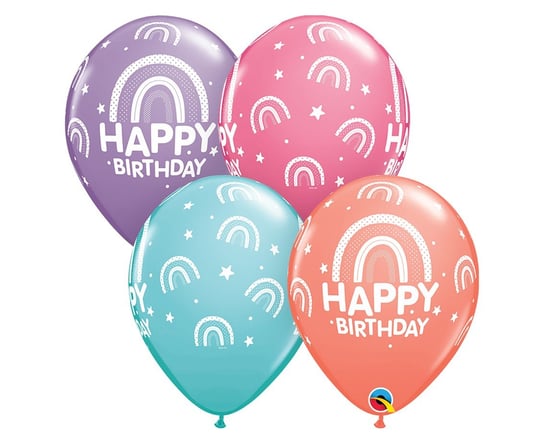 Balon QL 11" z nadr. "Happy Birthday - Boho Rainbows", pastel mix / 25 szt. Qualatex