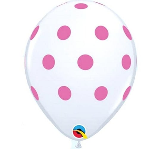 Balon, różowy, grochy, 11", biały, 25 sztuk Qualatex