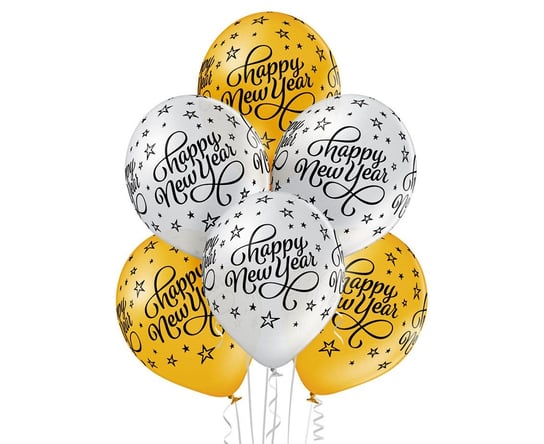 Balony 12" nadruk "Happy New Year" złote, srebrne 6 sztuk BELBAL