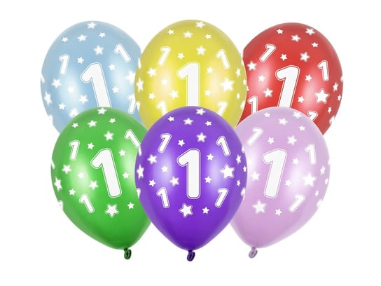 Balony 14" cyfra 1 metalik mix kolorów 6 sztuk PartyDeco