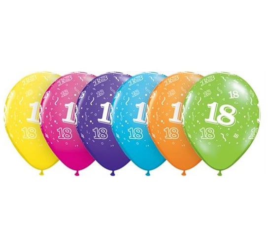Balony, 18 urodziny, 11", mix kolorów, 6 sztuk Qualatex