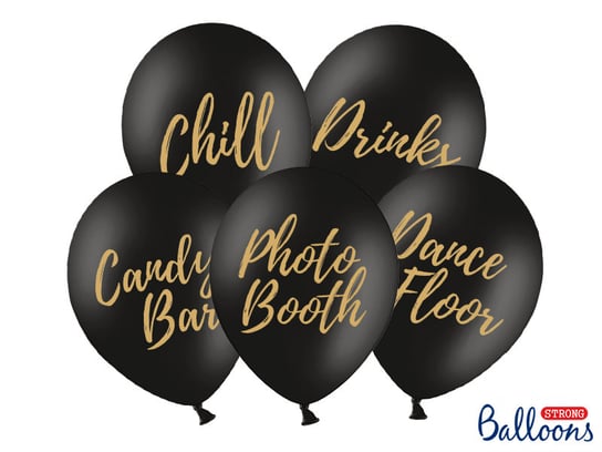 Balony, 30 cm, Candy Bar, Chill, Dance Floor, Drinks, Photo Booth, Pastel Black 5 sztuk PartyDeco
