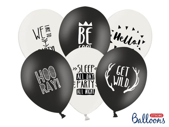 Balony, 30 cm, Party, Black, Pastel Pure White, 6 sztuk PartyDeco