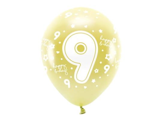 Balony Eco 33 cm, Cyfra ''9'', jasny złoty (1 op. / 6 szt.) Party Deco