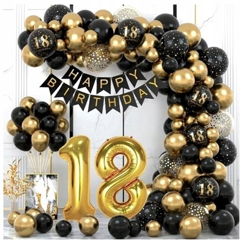 BALONY GIRLANDA BALONOWA DEKORACJA 18 URODZINY CZARNY ZŁOTY ZESTAW 89x Elhandel