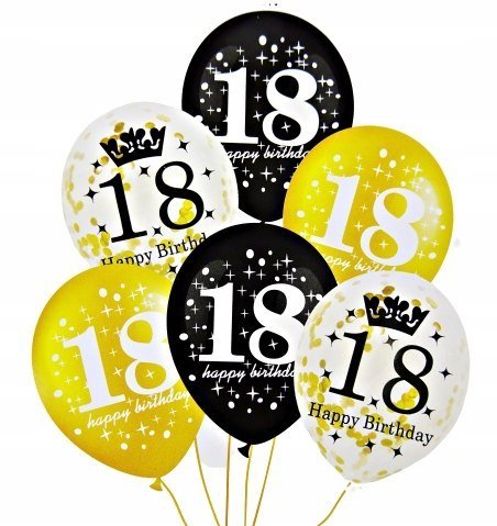 Balony gumowe, 18 urodziny, konfetti, 6 sztuk PartyPal