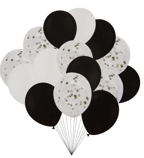 Balony gumowe, białe i czarne konfetti, 15 sztuk PartyPal
