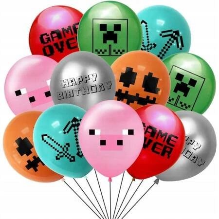 Balony gumowe z nadrukiem Game, Minecraft, Piksele (12 szt.) PartyPal