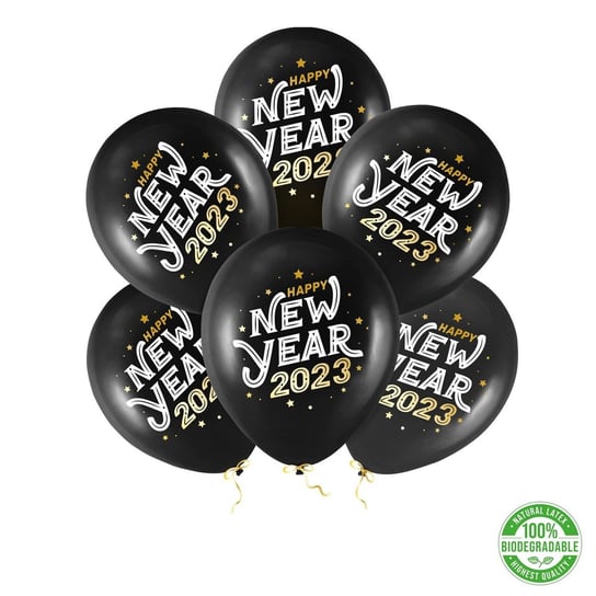 Balony Happy New Year 2023 czarne 30cm, 100 szt. PartyPal