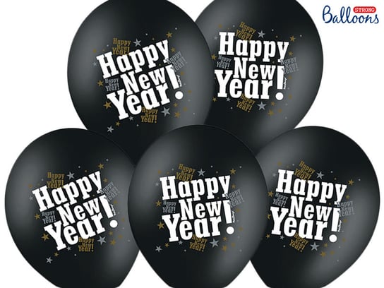 Balony Happy New Year STRONG, czarne, 50 sztuk Strong
