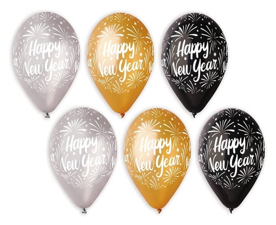 Balony Happy New Year, złote, srebrne, czarne, 12 cali, 25 sztuk Gemar