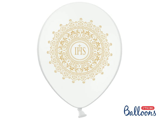 Balony IHS Komunia, 30 cm, Metallic Pure White, 6 sztuk PartyDeco