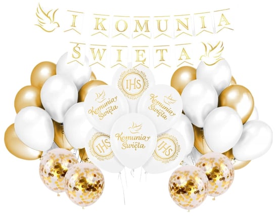 Balony Komunia Święta Baner Gotowy Zestaw dekoracji na Pierwszą Komunię Białe złote Szafran Limited