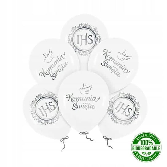 Balony komunijne biało-srebrne 12cali 6szt zestaw PartyPal