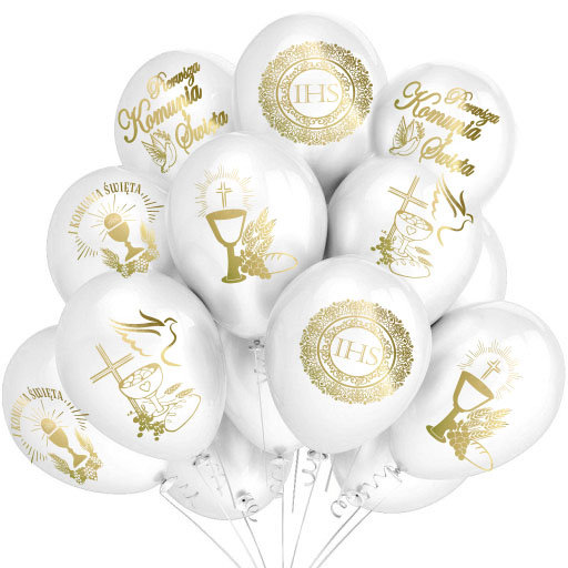 Balony komunijne na komunię z nadrukiem I Komunia Święta 10 szt. mix wzorów biało- złoty Dorado