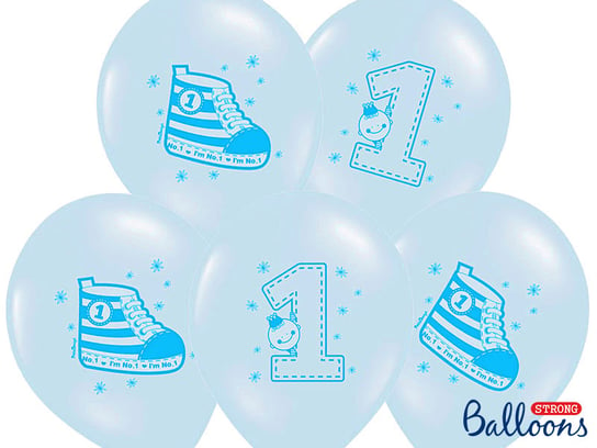 Balony lateksowe, 1. Urodziny, Trampek, 14", błękitne, 6 sztuk PartyDeco
