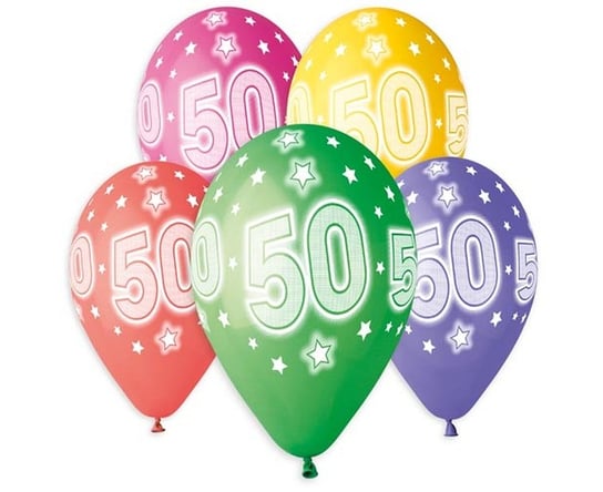 Balony lateksowe, 50 urodziny, 13", kolorowe, 5 sztuk GODAN