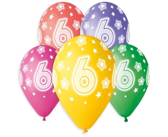 Balony lateksowe, cyfra 6, 13", mix, 5 sztuk GODAN