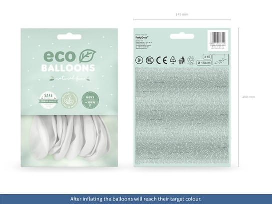 Balony lateksowe eco, białe, 26 cm, 10 sztuk PartyDeco