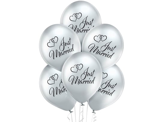 Balony lateksowe Glossy srebrne z nadrukiem weselnym Just Married - 12" - 6 szt. BELBAL