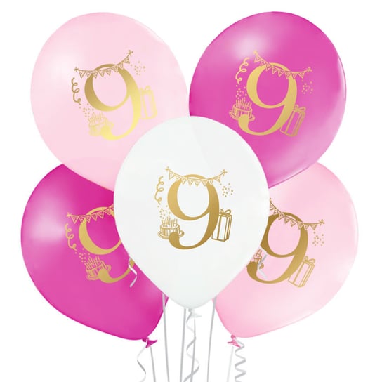 Balony na 9 dziewiąte urodziny dla dziewczynki różowe 5szt somgo