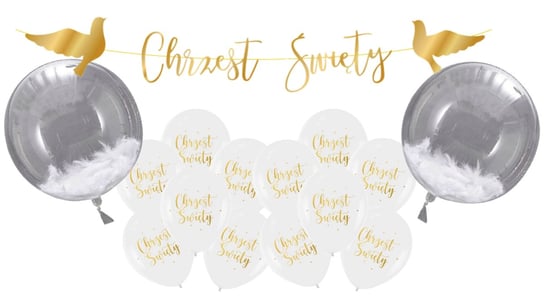 Balony na Chrzest Święty Białe piórka zestaw balonów Chrzciny Baner złoty Szafran Limited