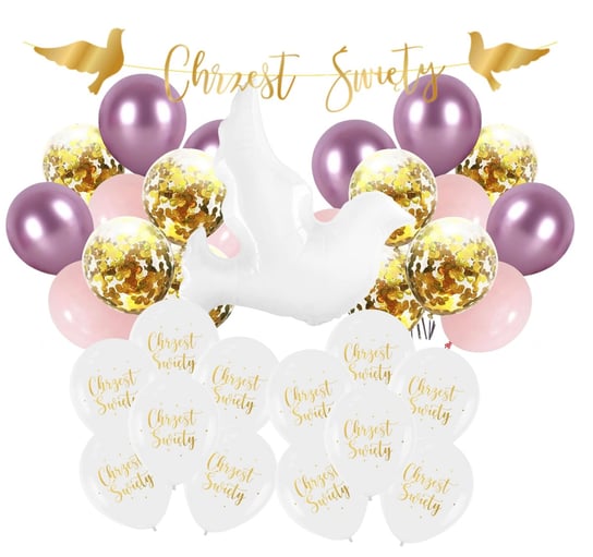 Balony na Chrzest Święty Dziewczynki Liliowo różowe baner Chrzciny Zestaw Szafran Limited