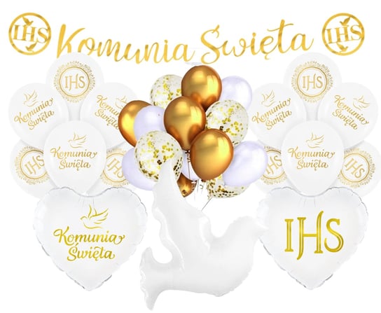 Balony na Komunię Św gołąbek biało złote Dekoracje Komunijne z Girlandą Szafran Limited