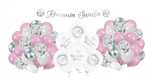 Balony na Komunię Świętą biało różowe dla dziewczynki Zestaw balonów IHS Szafran Limited